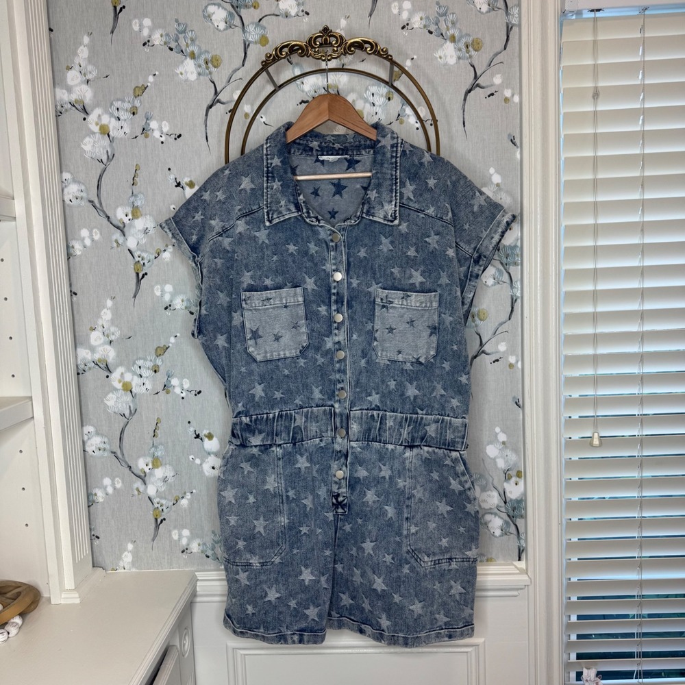 Oli & Hali Womens XL Star Print Denim Romper Acid Wash Snap Front Utility Blue